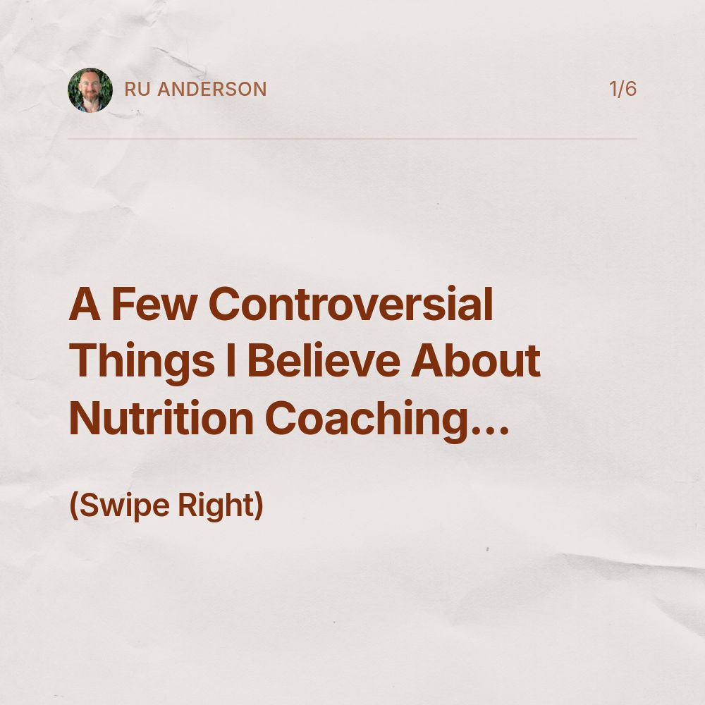 RuAnderson01's tweet photo. A Few Controversial Things I Believe About Nutrition Coaching...

1) Fad Diets Are Useless
2) More Clients Doesn’t Mean More Success
3) Most People Fail at Consistency
4) Ignoring Mental Health Is a Mistake
5) Weight Loss Isn’t the Ultimate Goal https://t.co/Miv1XsKJs1