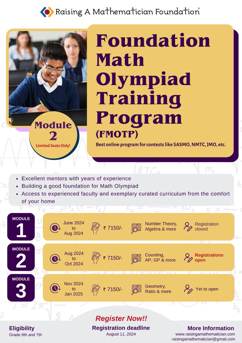 raisingamath's tweet photo. Join our thrilling #mathjourney! After Module 1 success, @raisingamath launches Module 2 of FMOTP 2024. Prepare for #SASMO, #NMTC, #JMO &amp; more!
Grade: 6-7
₹ 7150/-
Register by Aug 11, 2024

Register Now!
https://t.co/yvMD7Wyzub

#MathOlympiad #MathTraining 
#FMOTP #online #RAMF https://t.co/xNu5L8Ow9m