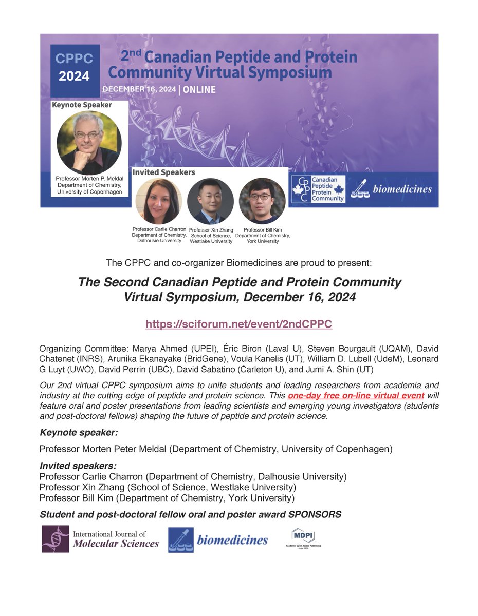 Biomed_MDPI's tweet image. CPPC &amp;amp; Biomedicines 
2nd Canadian Peptide and Protein Community Virtual Meeting

The theme is "Emerging Peptide and Protein Science"
🕸️Attend: Online
📅Date: 16 December 2024

Learn more: sciforum.net/event/2ndCPPC
#cppc2024