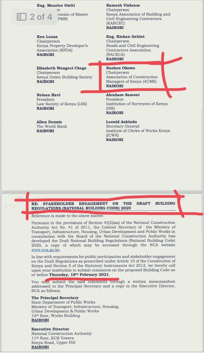 OkowaNashon's tweet photo. IN EARLY 2021, @PublicWorksKen & @ncakenya wrote to us to give our comments on the draft building code. I was in fact the Chairman then. If they can’t recognize us now in the code , why did they see it important to seek our comments? Who are these who hijacked the building code to kick out other professions in the industry? 
#AmendBuildingcode #OccupyNCA