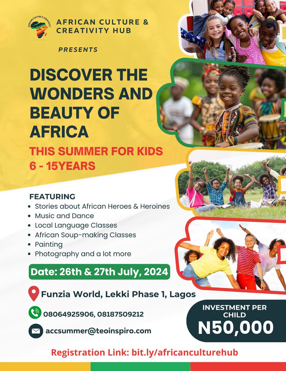 kehindeademoye's tweet image. It's a week away.
Let the kids come discover the wonders and beauty of Africa

@TeoInspiro 
@OghenefegoOfili 
#FunSummer
#Africa
#FunForKids