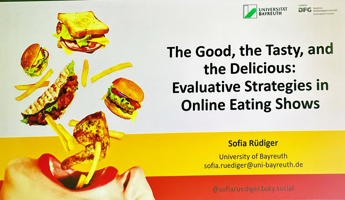 DiemerStefan's tweet photo. A tasty take on carnivalesque consumption 🍔🥑🍽️ - @uhlon_dohlenko explores the good, tasty &amp; delicious @CADS2024 in her analysis of evaluation in online eating shows: Positive, over-the-top evaluation abounds in order to create vicarious pleasure. Yummy! 😋🎓📚🏔️ #cads2024 https://t.co/ZkDQ8nOsaa