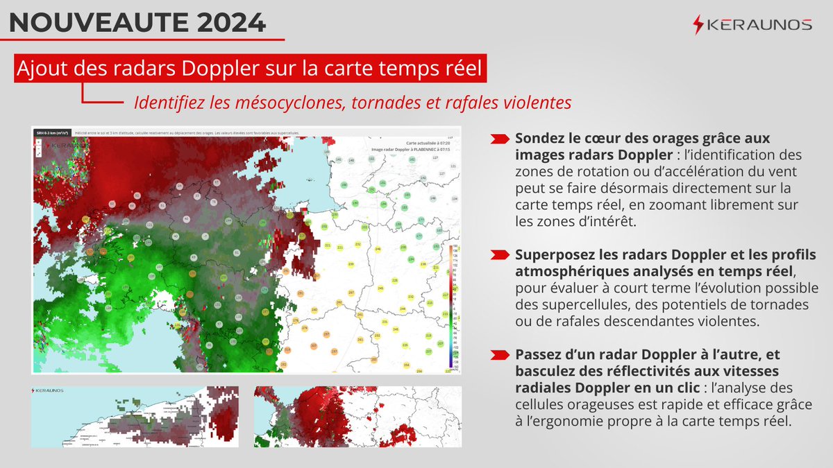 Nouveau : ajout des radars Doppler sur la carte temps réel, pour identifier les rotations (mésocyclones, #tornades) et les potentiels de violentes rafales sous #orages. Possibilité de zoom et de superposition avec tous les autres paramètres de la carte interactive :