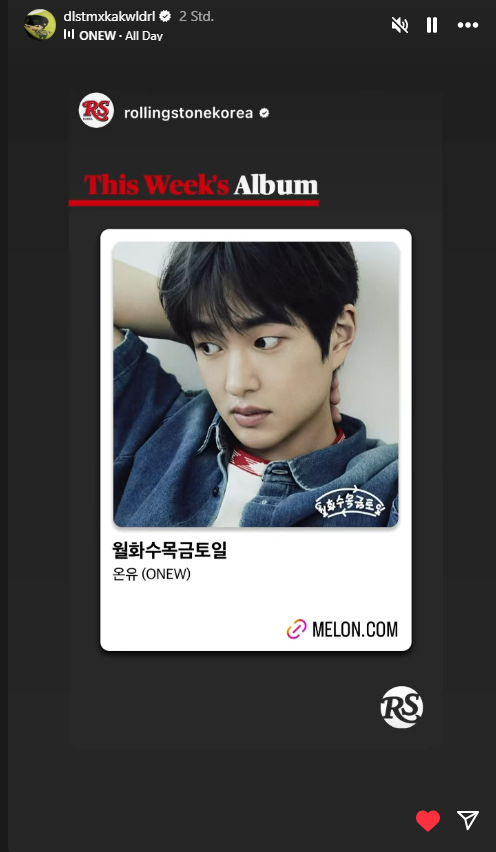 oneweverywhere's tweet photo. Rolling Stone Korea's album of the week is ONEW's "All Day" 🥰
Onew has shared it in his instagram stories 

#ONEW #온유 
#월화수목금토일 #온유_월화수목금토일 https://t.co/84apPulyNL