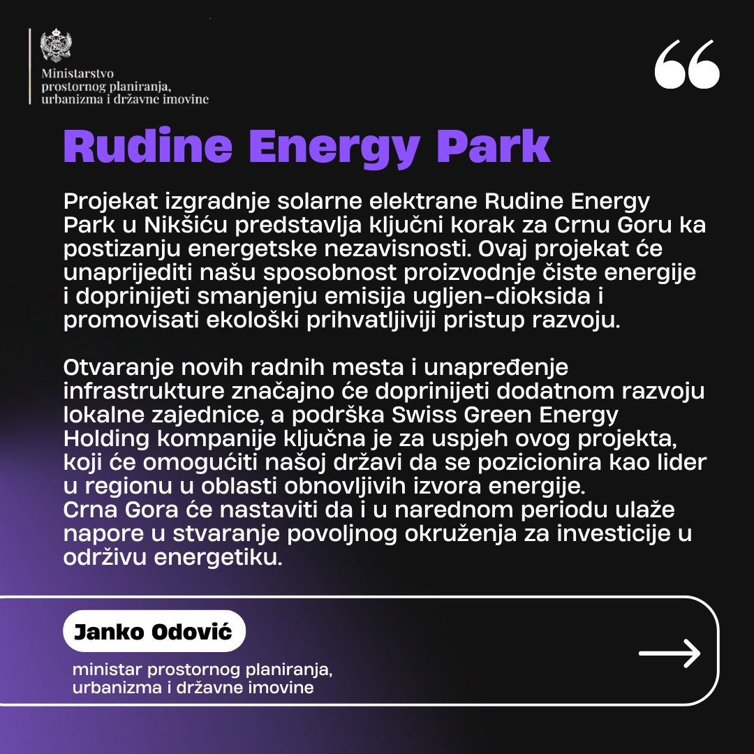 Ministar <a href="/JankoOdovic/">Janko</a> , održao je sastanak sa predstavnicima kompanije Swiss Green Energy Holding, švajcarskog lidera u razvoju i investicijama u projekte obnovljivih izvora energije.