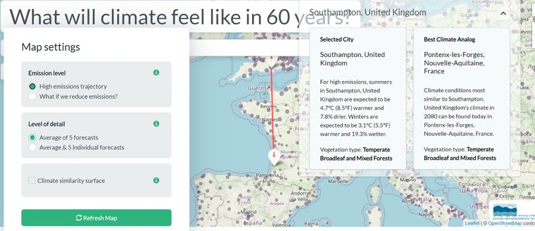 This website shows what the climate in a given city will feel like in 60 years. fitzlab.shinyapps.io/cityapp/