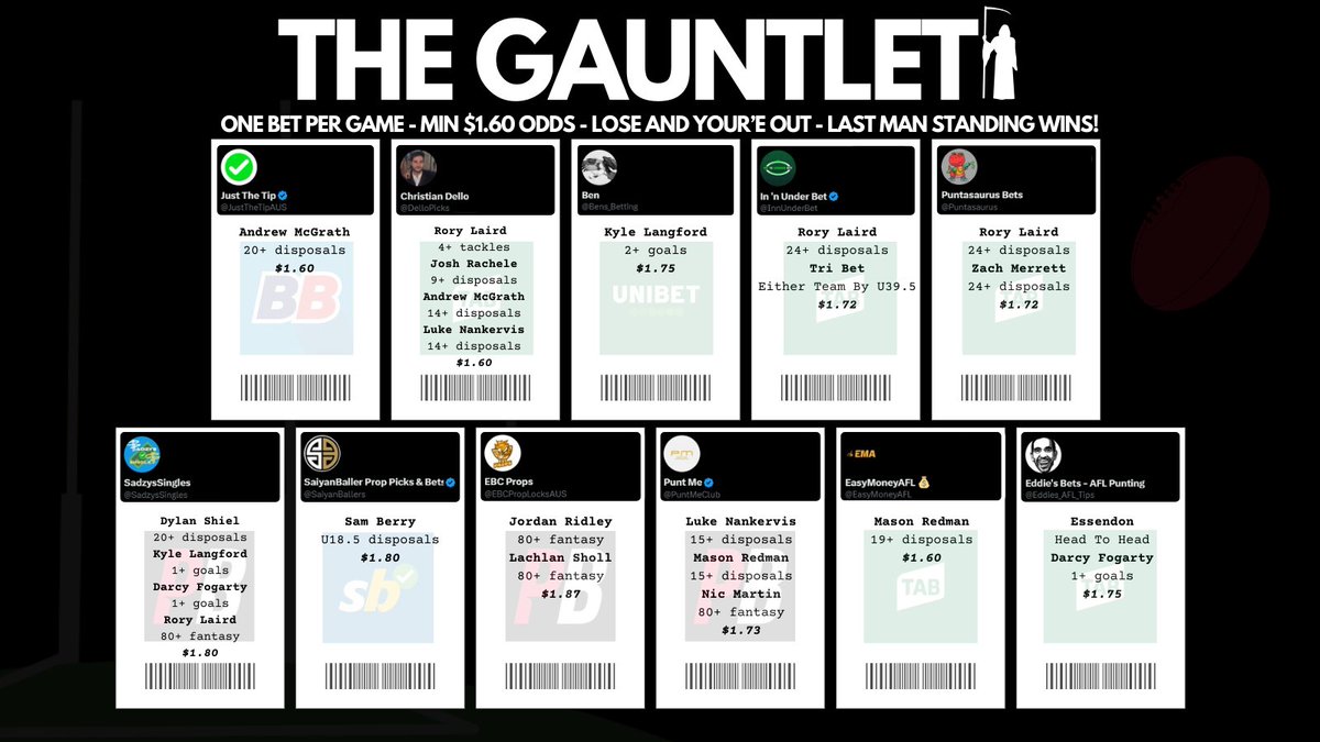 JustTheTipAUS's tweet photo. The Gauntlet begins!

I am on McGrath 20+ disposals.
- He has 20+ at every game at Marvel this season
- 20+ his last 4 vs Crows

#AFLDonsCrows 

@DelloPicks @Bens_Betting @InnUnderBet @Puntasaurus @SadzysSingles @SaiyanBallers @EBCPropLocksAUS @PuntMeClub @EasyMoneyAFL @Eddies_AFL_Tips