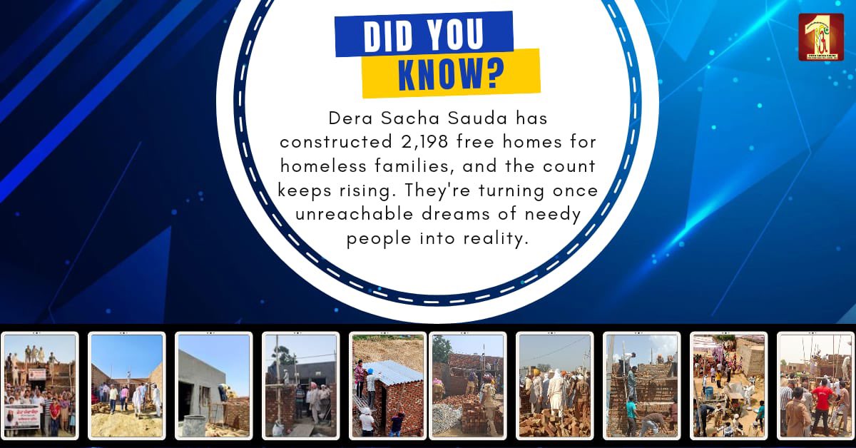 DSSNewsUpdates's tweet photo. Have you ever seen people using their own resources, money, and time to voluntarily fulfill someone else's dream? Discover this extraordinary effort by #DeraSachaSauda and join us in the noble cause of building new #freehomes for the needy worldwide.

#HomelyShelter #homelessness #Homeless #Homes