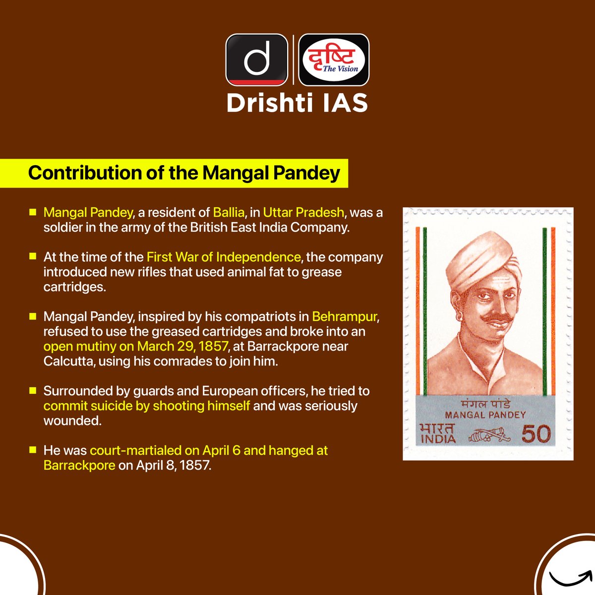 drishtiiaseng's tweet photo. Know about Mangal Pandey: The Revolutionary Igniter
#DrishtiDailyBrief #MangalPandey #Ballia #UttarPradesh #Soldier #BritishEastIndiaCompany #FirstWarOfIndependence #Rifles #AnimalFat #Behrampur #IndependenceWar #IndianSoldier #FreedomFighter #UPSC #IAS #DrishtiIAS #DrishtiIASEnglish