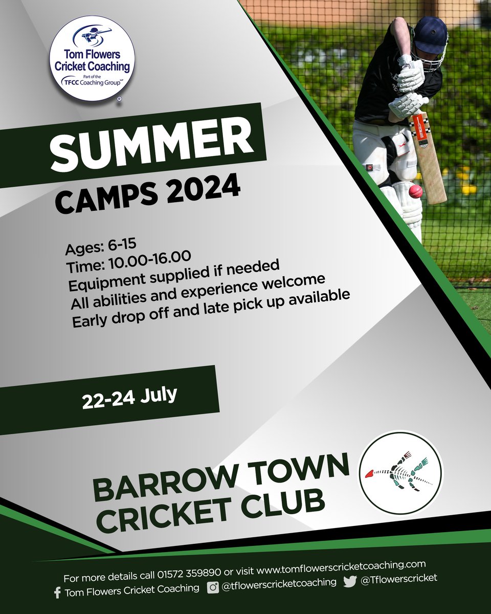 Tom Flowers Cricket Coaching (TFCC) (@tflowerscricket) on Twitter photo Just 3 days left for our Summer Camp at <a href="/BarrowTownCC/">Barrow Town CC</a>!ππβΊ
π» Book Now: tomflowerscricketcoaching.com/summer-camps-2β¦
#cricket #cricketer #cricketlife #cricketcoaching #cricketcoach #summercamps #summercamp Just 3 days left for our Summer Camp at <a href="/BarrowTownCC/">Barrow Town CC</a>!ππβΊ
π» Book Now: tomflowerscricketcoaching.com/summer-camps-2β¦
#cricket #cricketer #cricketlife #cricketcoaching #cricketcoach #summercamps #summercamp