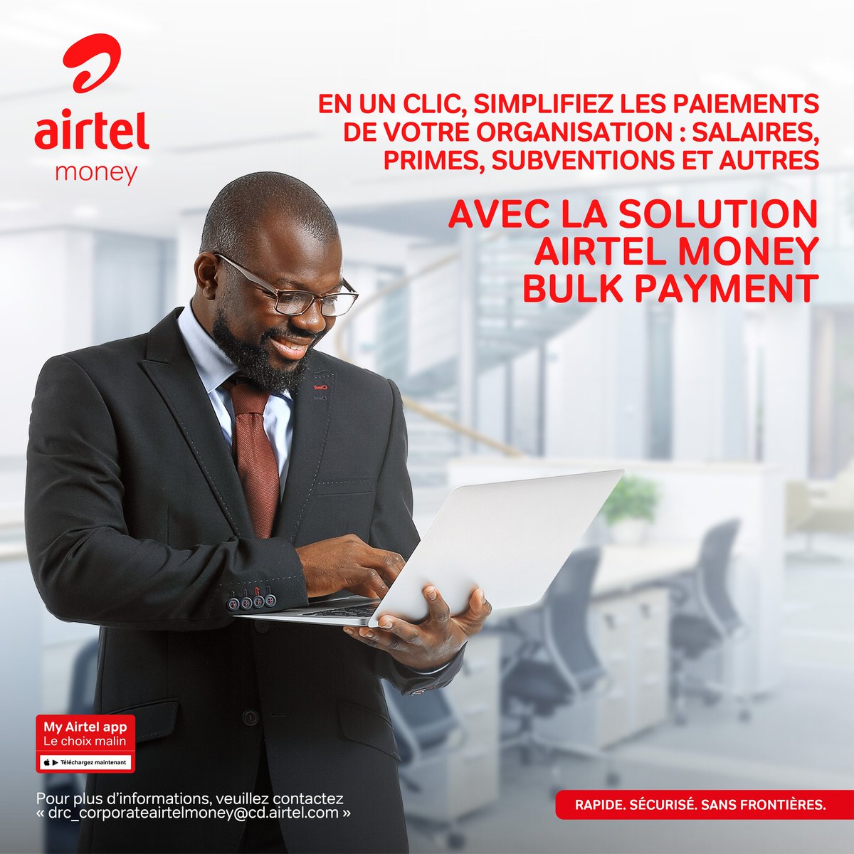 moneyairtel_rdc's tweet photo. Simplifiez la gestion financière de votre entreprise !
Grâce à notre service de paiement en masse, réglez vos factures en toute simplicité.
Pour en savoir plus, contactez-nous à l'adresse drc_corporateairtelmoney@cd.airtel.com
#AirtelMoney #Bulkpayment #ÉconomiesDEnergie https://t.co/urFqbA4rpx