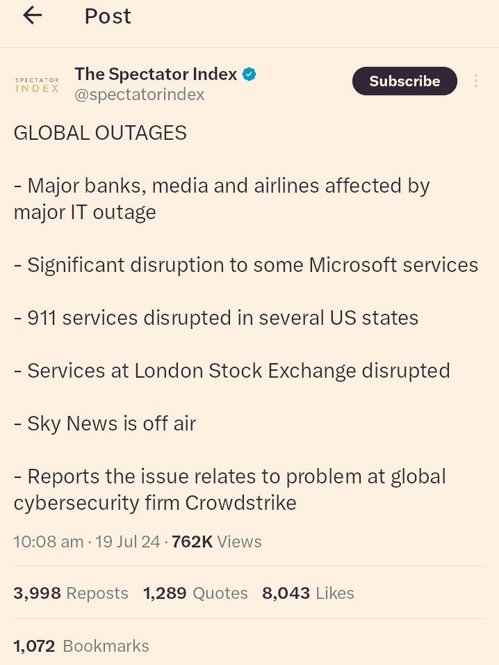 ❗BREAKING: Reports of global Information Technology disruptions affecting some banks, airlines, supermarkets, media and stock exchange.

This is worrying and could potentially become bad.