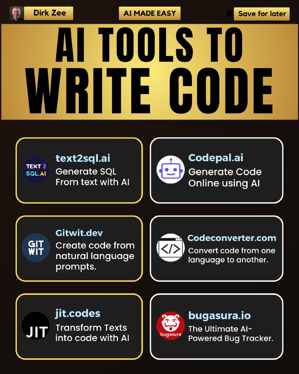 dirkzee1's tweet image. Unlocking the future of coding with AI! 🚀 Have you ever used any of these innovative tools to streamline your programming? Share your experiences below! 🤖📻 #CodingAI #FutureOfProgramming #DevTools #CodeConversion #TechInnovation