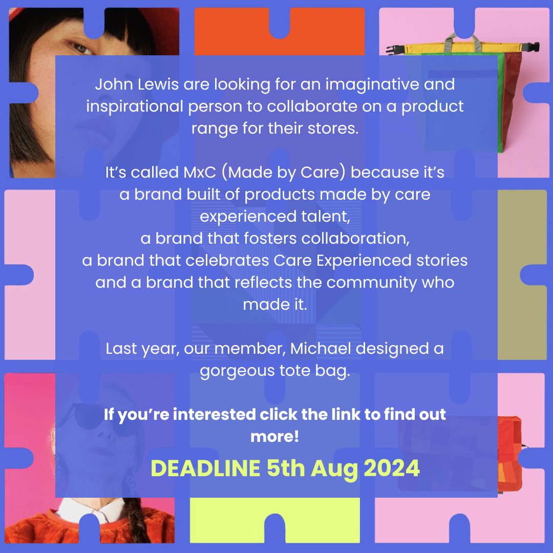 whocaresscot's tweet photo. John Lewis are looking for their next Care Experienced designer to create a product to sell under their Made by Care brand. 

Your product could be sold across John Lewis and Waitrose shops, websites and
apps. To find out more and apply visit:
 https://t.co/3uAiXfi72q https://t.co/IsAaRl2fhd