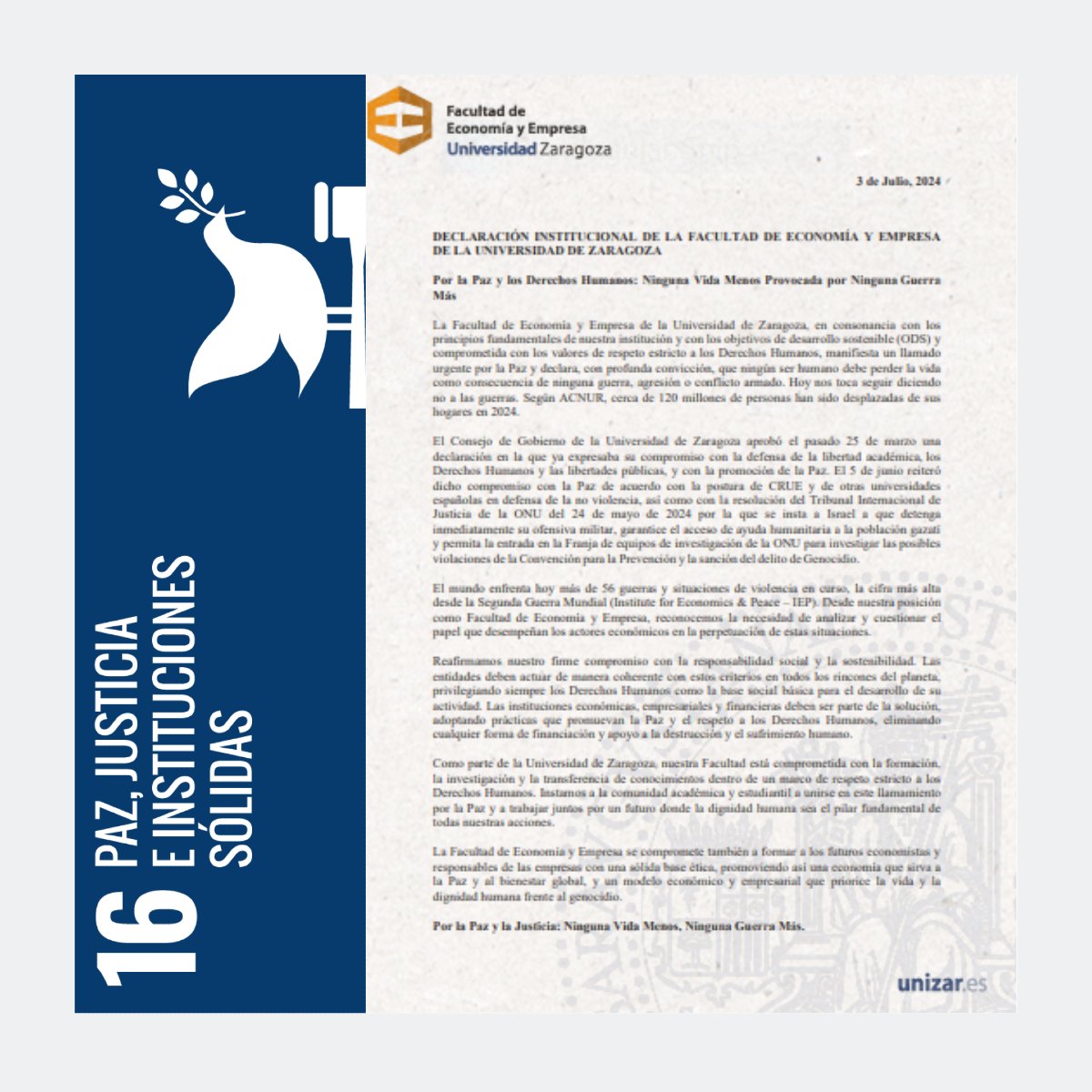 Descubre sobre la declaración institucional de paz de la Facultad de Economía y Empresa 🕊️🧡
