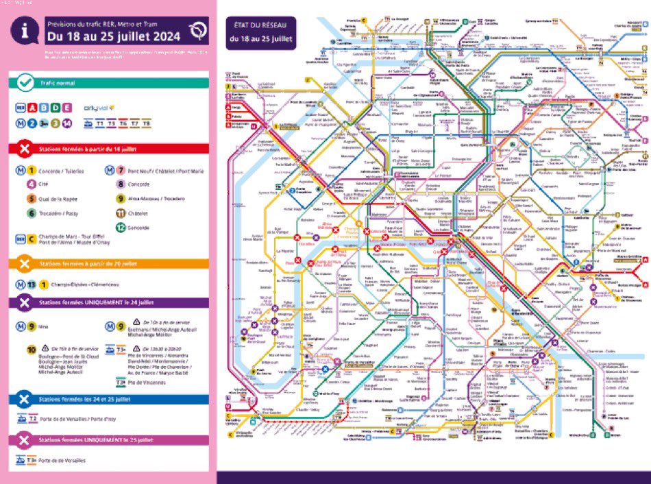 La RATP a publié un plan très clair du réseau de transports accessible entre le 18 et le 25 juillet 👍
C’est le sésame à consulter avant tout déplacement en métro/RER/tram dans Paris.
Certaines correspondances clé sont fermées : n’hésitez pas à contourner largement.