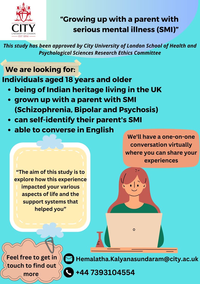 New opportunity 🔊 Do you have a parent with serious mental illness (SMI)? 

Researchers from the City University of London are looking to talk to people about their experiences of this. 

Would you like to take part? You can contact the researcher using the details below 👇😊