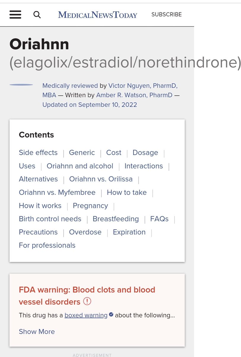 FibroidNetwork's tweet image. #Oriahnn #Elagolix Norithindrone has a boxed warning from @US_FDA
Using Estrogen+Progestin💊 can Raise Risk of Blood Clots &amp;amp; blood vessel disorders ie heart attack &amp;amp; stroke eg.Deep Vein thrombosis DVT pulmonary embolism &amp;amp; retinal vein thrombosis
@MHRAgovuk medicalnewstoday.com/articles/oriah…