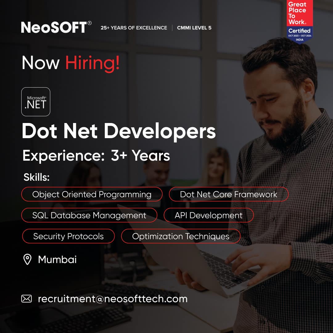 neosoftofficial's tweet image. Are you a .NET pro with 3+ years of experience and a passion for innovation? We're on the lookout for skilled developers to join our Mumbai team. Help us create game-changing solutions for top global brands. Apply today! #TechTalent #MumbaiCareers #DotNetExperts