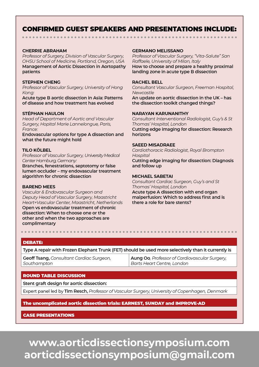 7 weeks until the Interdisciplinary Aortic Dissection Symposium!   The meeting will be held on Friday 6th September at Bush House, King's College London.  Register at aorticdissectionsymposium.com
<a href="/RouleauxClub/">Rouleaux Club</a> <a href="/vascularnurses/">SVN (Society of Vascular Nurses)</a> <a href="/svtgbi/">CSVS</a> <a href="/TraineesBSIR/">BSIR Trainees (British Society of IR Trainees)</a> <a href="/BSIR_News/">The British Society of Interventional Radiology</a> <a href="/VSGBI/">Vascular Society</a> <a href="/AorticDissectCT/">Aortic Dissection Charitable Trust</a>