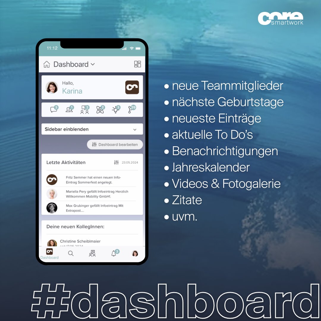 COREsmartwork's tweet photo. 𝗔𝗹𝗹𝗲𝘀 𝗪𝗶𝗰𝗵𝘁𝗶𝗴𝗲 im 𝗕𝗹𝗶𝗰𝗸🙌🏻
Unser Dashboard, die Startseite, ist der 𝘇𝗲𝗻𝘁𝗿𝗮𝗹𝗲 𝗘𝗶𝗻𝘀𝘁𝗶𝗲𝗴𝘀𝗽𝘂𝗻𝗸𝘁 𝘂𝗻𝘀𝗲𝗿𝗲𝗿 𝗠𝗶𝘁𝗮𝗿𝗯𝗲𝗶𝘁𝗲𝗿-𝗔𝗽𝗽 und bietet auf einen Blick alle wichtigen Infos &amp; Neuigkeiten.

#mitarbeiterapp #coresmartwork https://t.co/uNeogkIuQs