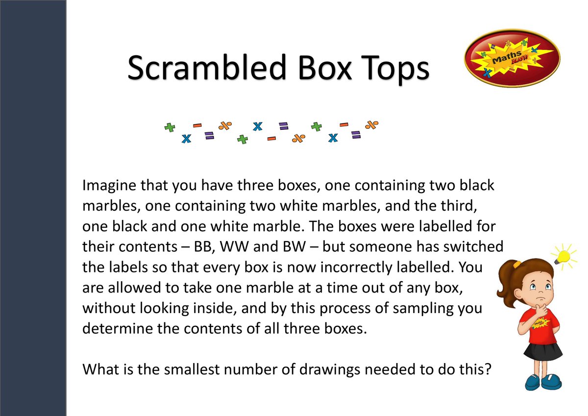 The lids on these boxes have been mixed up. Can you figure out what's in each box? Solution at: mathsblast.com/scrambledboxto…