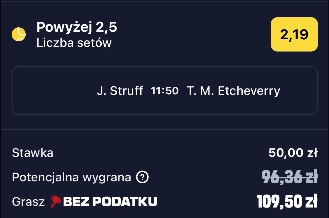 KubaSarzala's tweet image. Dodatkowy kupon, moja czutka na spotkanie Struffa z Etcheverrym. Fajne spotkanie które warto sobie obejrzeć. Potem wleci główny kupon! 🫡

#tenis #kupon #struff #bukmacherzy