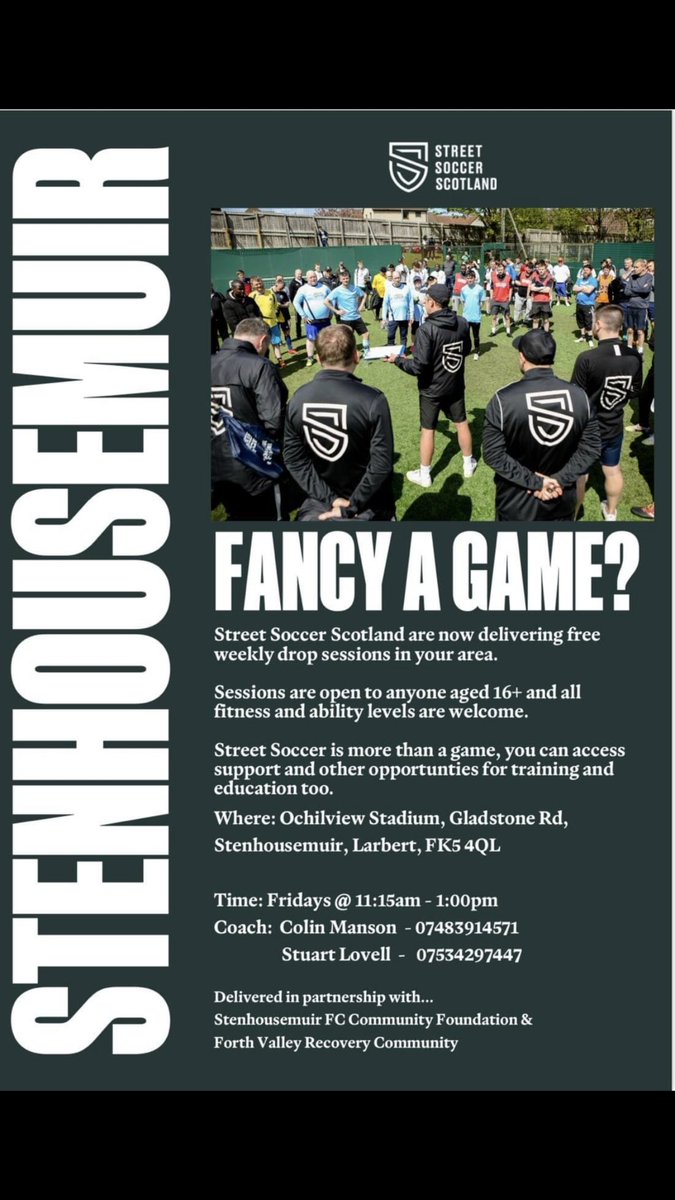 Frasersdaddy's tweet image. It’s gonna be a great day for it, folks!!
Come along and get involved if you want a kick about and a wee game!
11:30-13:00 followed by tea/coffee and a blether!
Ochilview stadium, Stenhousemuir.
@streetsoccerSCO 
#sameteam
#morethanfootball