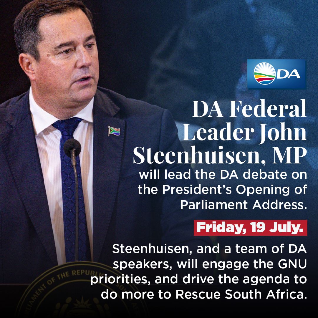 🇿🇦 DA Federal Leader John Steenhuisen MP will lead the DA debate on the President's Opening of Parliament Address. The DA will engage the GNU priorities, and drive the agenda to do more to Rescue SA.

Tune in on Parliament's YouTube channel: youtube.com/@ParliamentofR…