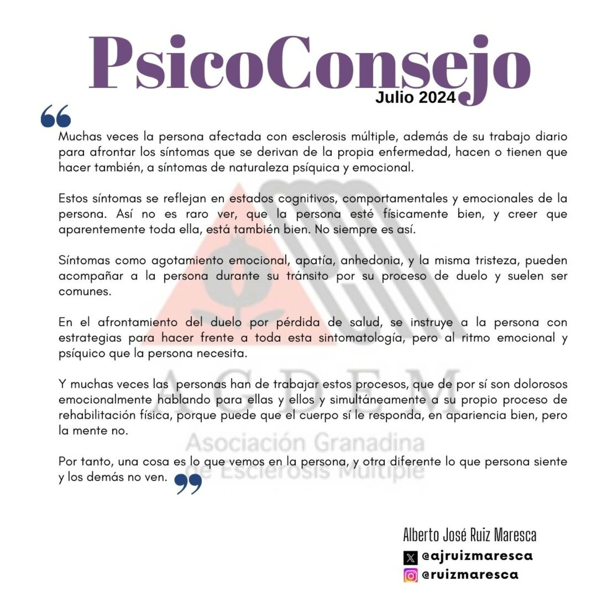 ajruizmaresca's tweet photo. Conocer el proceso físico-organico, pero también el Psíquico-emocional para comprender y ayudar mejor a la persona. Una necesidad que abordamos en @agdem_granada
#esclerosismultiple #esclerosismultiplegranada #EsclerosisMúltiple #AtencionPsicológicaEspecializada https://t.co/BP6QWfA5eC