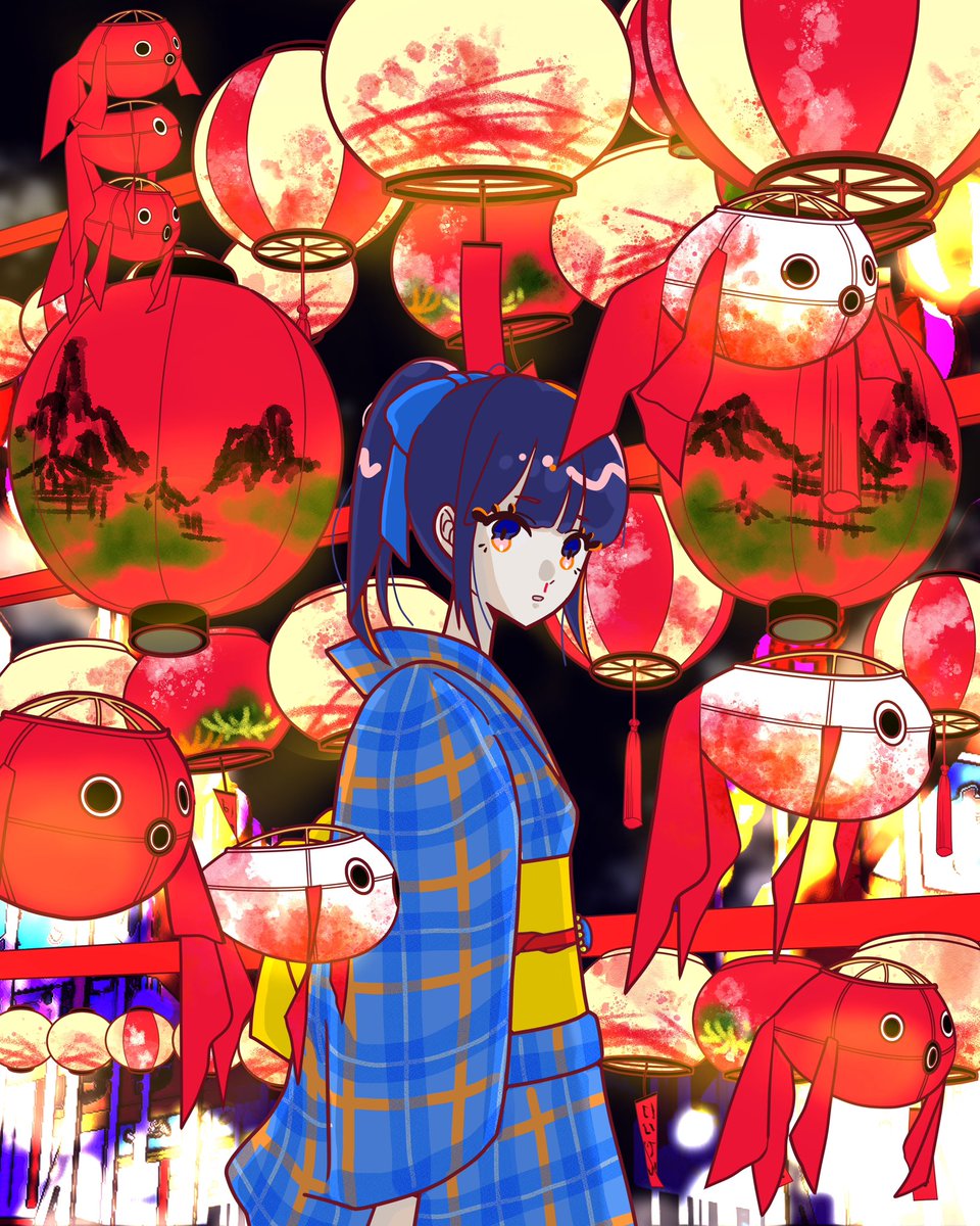 10Toka1's tweet photo. 明日お祭りに出展する記念に置いておきます。どうしても金魚の提灯描きたかった🏮
#夏祭り #金魚提灯 #浴衣 https://t.co/80ReIV9tCc