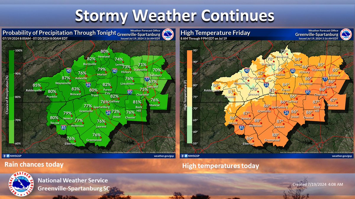 NWSGSP's tweet image. ⛈️Widespread showers and thunderstorms are expected again today as a wet and stormy pattern continues. High temperatures will also be a couple degrees below average and likely remaining below 90.

#ncwx #scwx #gawx