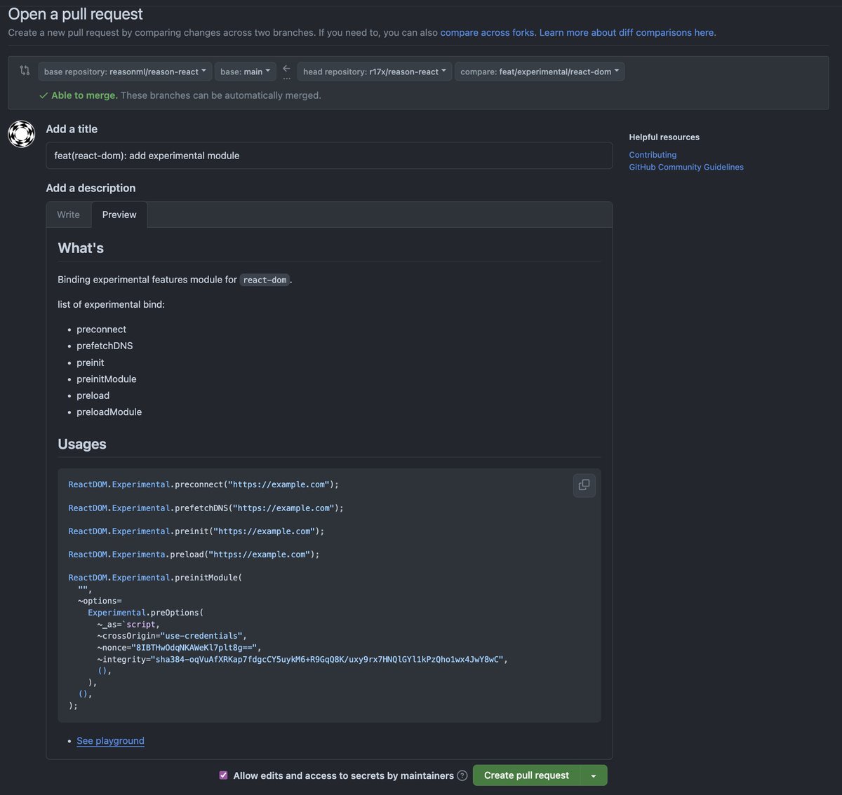 __r17x's tweet image. Open#PR (#849)
github.com/reasonml/reaso…
ReactDOM.Experimental:
* preconnect
* prefetchDNS
* preinit
* preinitModule
* preload
* preloadModule
#reasonML #reasonReact #reactDOM #ohCamlMyCaml