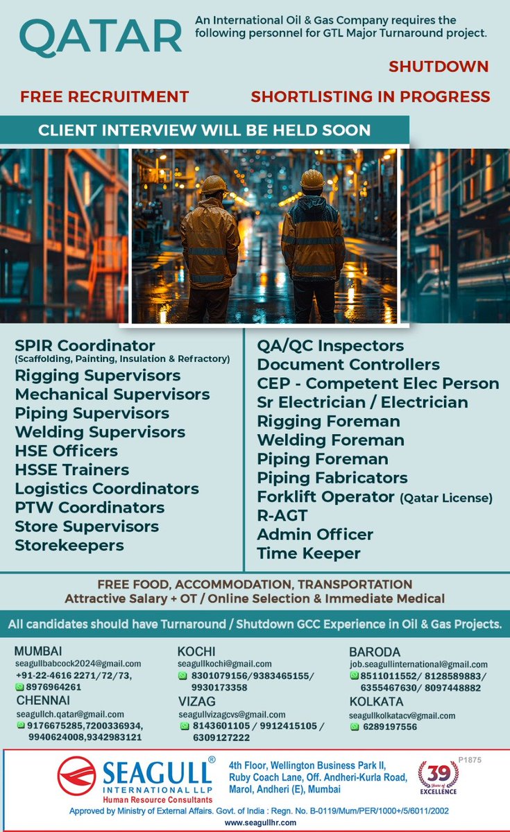 hrd1_seagull's tweet photo. 🇶🇦Qatar Jobs 
✔Free Recruitment 
‼️ Shut Down Project 
💻 Client Interview Will Be Held Soon 
📝Shortlisting In Progress
📍Location - Mumbai , Kochi , Baroda , Chennai , Vizag &amp; Kolkata 
.
.
.

#qatarjobs #seagull #spircoordinator #supervisors #hseofficer #storekeepers https://t.co/uPVTHyklKI