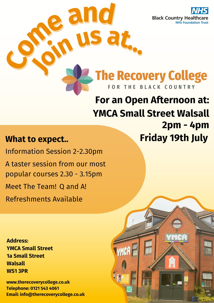 The Recovery College (@recoverycolleg3) on Twitter photo Today is the day!
We are looking forward to our Open Afternoon at our Walsall base between 2-4pm.
If you or anyone you are accompanying has particular access needs, please email: info@therecoverycollege.co.uk so we can make suitable adjustments.
#walsall
#recoverycollegebc Today is the day!
We are looking forward to our Open Afternoon at our Walsall base between 2-4pm.
If you or anyone you are accompanying has particular access needs, please email: info@therecoverycollege.co.uk so we can make suitable adjustments.
#walsall
#recoverycollegebc