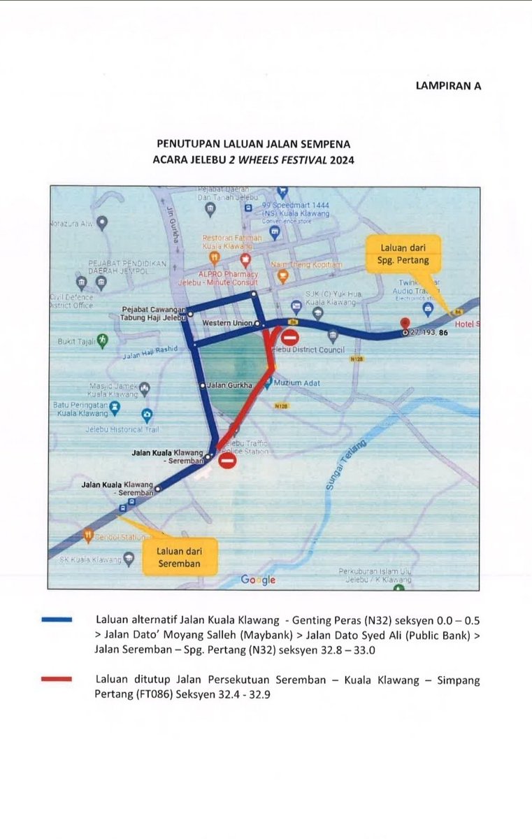 JelebuJkr's tweet photo. 19 Jul 24: Notis penutupan Jalan Persekutuan (FT086) Jalan Seremban - Simpang Pertang bermula 24 Jul (8.00 mlm) - 29 Jul 24 bermula lampu trafik depan Petronas K.Klawang - lampu trafik pekan K.Klawang. Pengguna lalulintas diminta berhati-hati dan mematuhi arahan yang dikeluarkan. https://t.co/DxPxXeUbmO