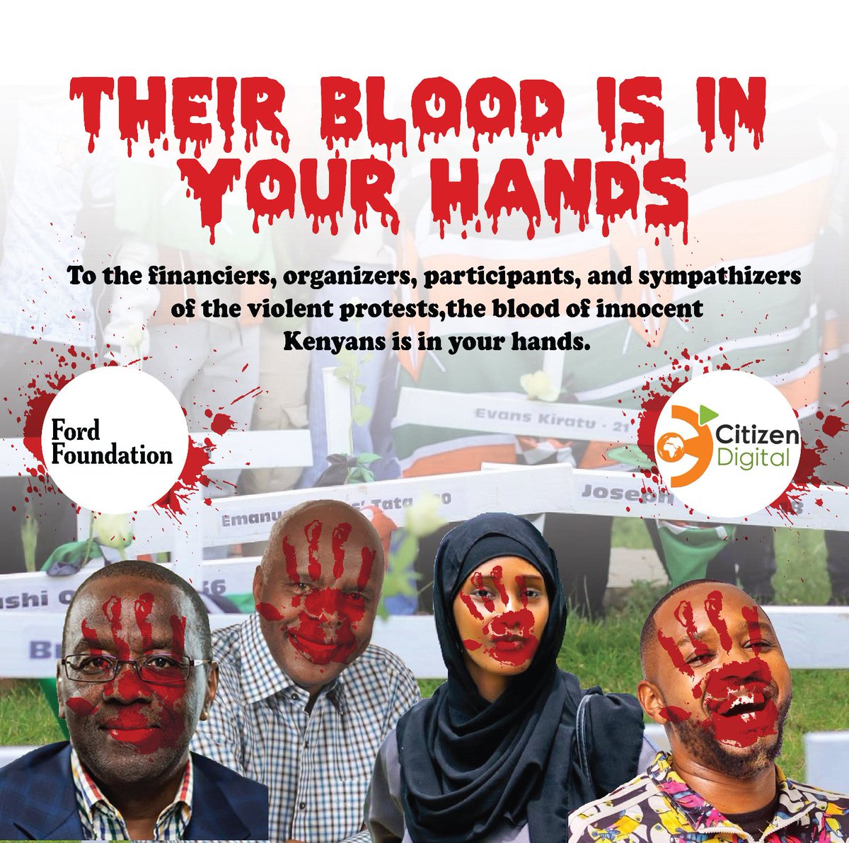 Kenyans must understand that the Blood of the 50 Kenyans who've lost their lives so far is in the hands of individuals and entities being funded by the Ford Foundation.

We shall remember not to forget!

Thirsty Vampires #BloodyHands
<a href="/Honeyfarsafi/">Hanifa 🇵🇸 🇵🇸</a>  <a href="/WMutunga/">Dr Willy M Mutunga, Chief Justice, Kenya (2011-16)</a>  
<a href="/ProfKibwana/">Kivutha Kibwana</a>