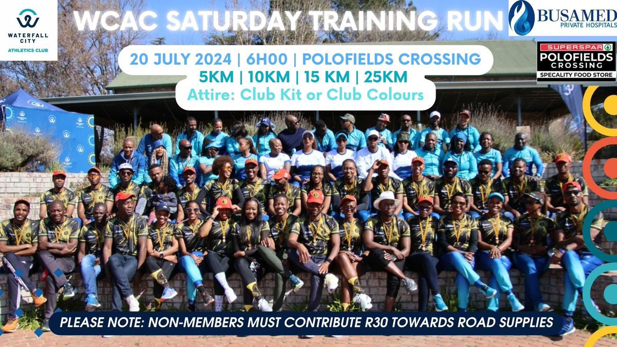 Training for the #WaterfallCityHalfMarathon should be underway right now, come join us tomorrow for our Saturday club training run to get in your preparation in 😅 R30 for non-members for road supplies, see you there 💙🌊 

#Reakitima 
#WCACxBusamed2024 
#BlueWave 
#AreyengMOA