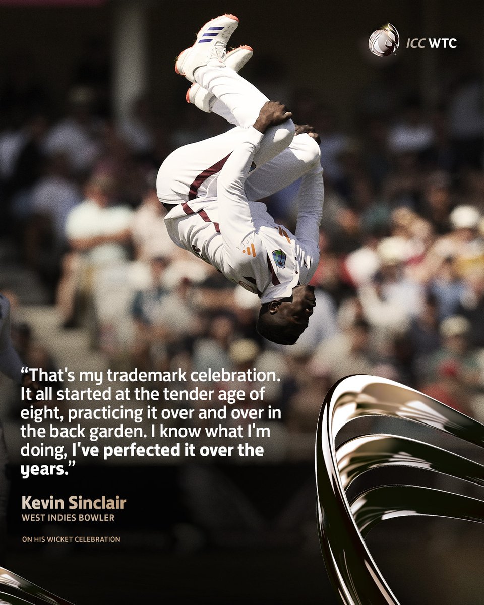 ICC's tweet photo. Airborne ✈️
Kevin Sinclair explains his trademark somersault celebration.
More ➡️ https://t.co/UaMsTm25Yo
#WTC25 | #ENGvWI https://t.co/Zo05V8ILl1