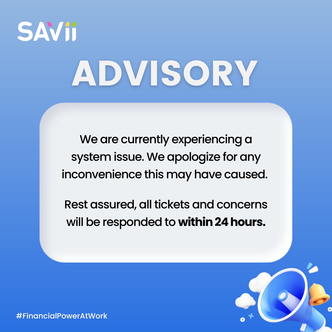 SAViiPH's tweet photo. 📣CUSTOMER ADVISORY

Our team is diligently working to resolve a system issue. Rest assured, we’ll get back to your ticket queries within 24 hours. https://t.co/d9eROfSM1U