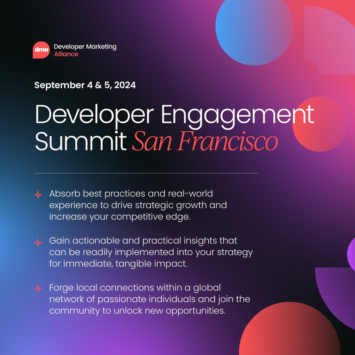 DevMarAlliance's tweet photo. Ready to elevate your developer engagement game? Join us at the Developer Engagement Summit on Sept 4 &amp; 5 in SF 🌉

🔑 Keynotes, networking, and insightful sessions with top industry pros await

Register now: https://t.co/NmBVisyzJf 

#DevRel #DevMar #DeveloperEngagementSummitSF https://t.co/MuaoaJIEEp