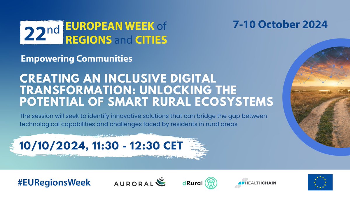 👥Join us on #EURegionsWeek to discuss how digitalization can improve rural service access!

Dive into our workshop on technology adoption for rural communities.

👉regions-and-cities.europa.eu/programme/2024…

#cooperarion #drural <a href="/I3Healthchain/">HealthChain I3</a>