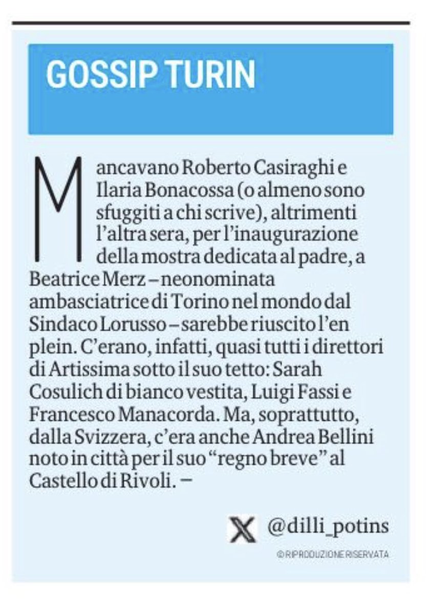 tutta <a href="/ArtissimaFair/">Artissima</a> (vecchia e nuova) sotto il tetto di <a href="/beatrice_merz/">Beatrice Merz</a> 
Su #gossipturin in edicola con <a href="/LaStampa/">La Stampa</a> <a href="/TorinoSette/">Torino Sette</a>