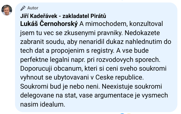 daliborzz's tweet photo. Pro přiblížení jaká rizika zavedením e-turisty hrozí:
JK: ... Nedokazete zabranit soudu, aby nenaridil dukaz nahlednutim do tech dat a propojenim s registry. A vse bude perfektne legalni napr. pri rozvodovych sporech. #eTurista #piráti6pct https://t.co/Jeq6YiC5wi