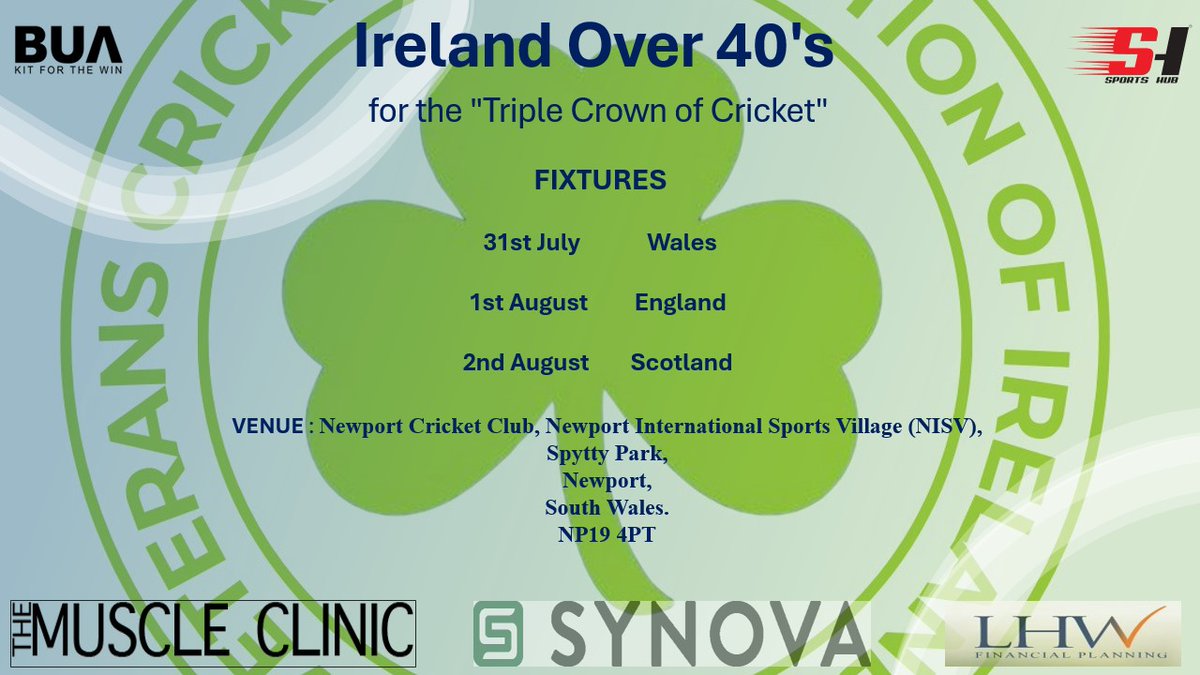 VetCricketIre's tweet photo. FIXTURES (All at Newport CC)

Wales v Ireland (Wed. July 31st)
Ireland v England (Thurs. Aug 1st)
Ireland v Scotland (Fri. Aug 2nd) https://t.co/qNqmtH3xVz