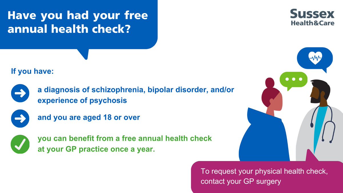 SPFT_NHS's tweet photo. A simple health check can help spot any conditions or issues that might need further treatment.

If you have a severe mental illness, including schizophrenia and bipolar disorder, and are on your GP's SMI Register contact your GP surgery to book your free #PhysicalHealthCheck. https://t.co/bgl7MZMVW6