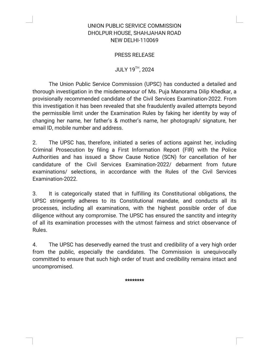 mudit_gupta25's tweet photo. UPSC has cancelled the candidature of Pooja Khedkar and initiated criminal proceedings against her. A step in the right direction. 
What about the other candidates and the overall reforms? 
UPSC cannot wash its hand away with just 1 small action. https://t.co/ymOY2qOict