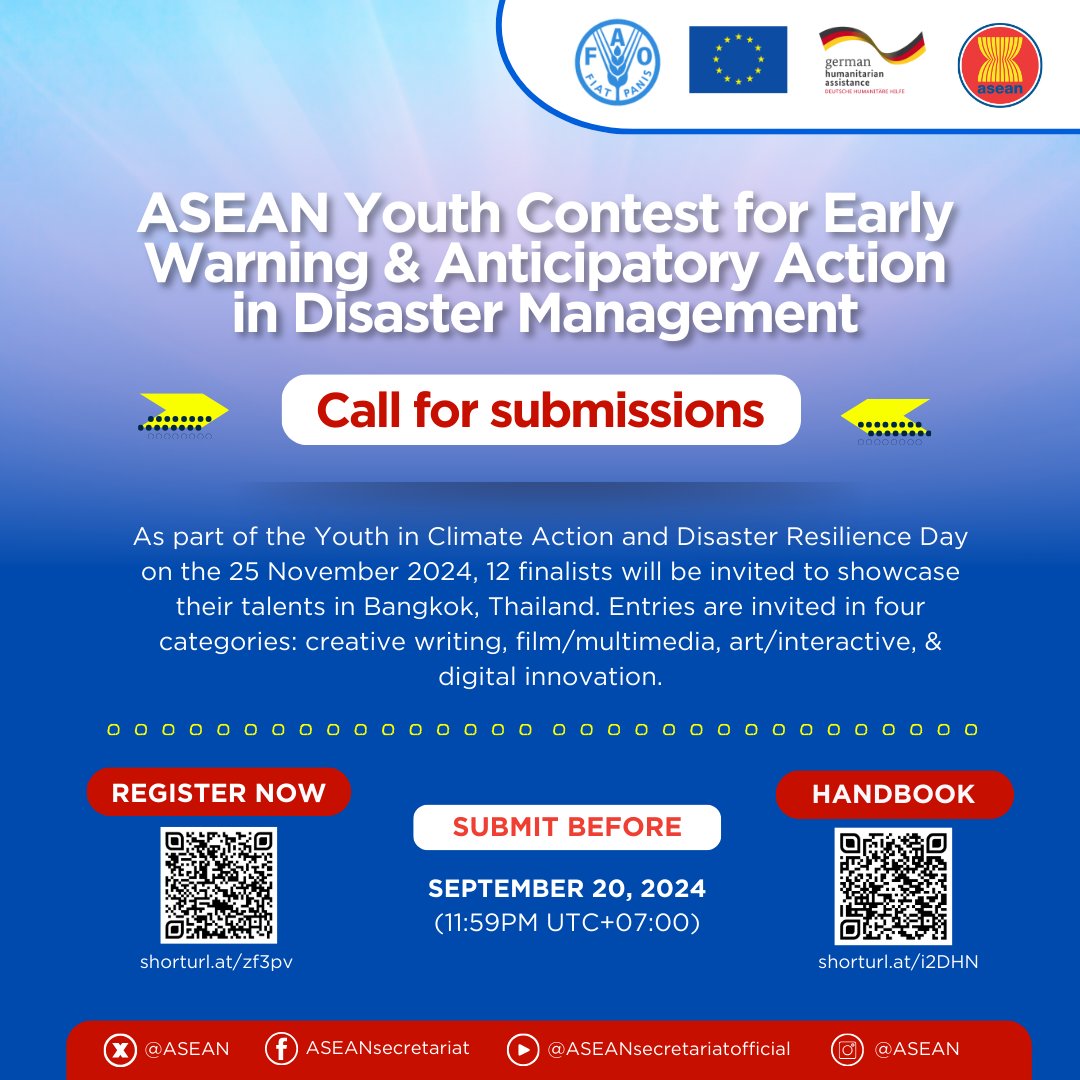 ASEAN, in partnership with FAO, is calling for applications from ASEAN youth to share experience with disasters and how youth can play a role in building resilience in the community against disasters. Participants are also encouraged to showcase how digital advancements can be