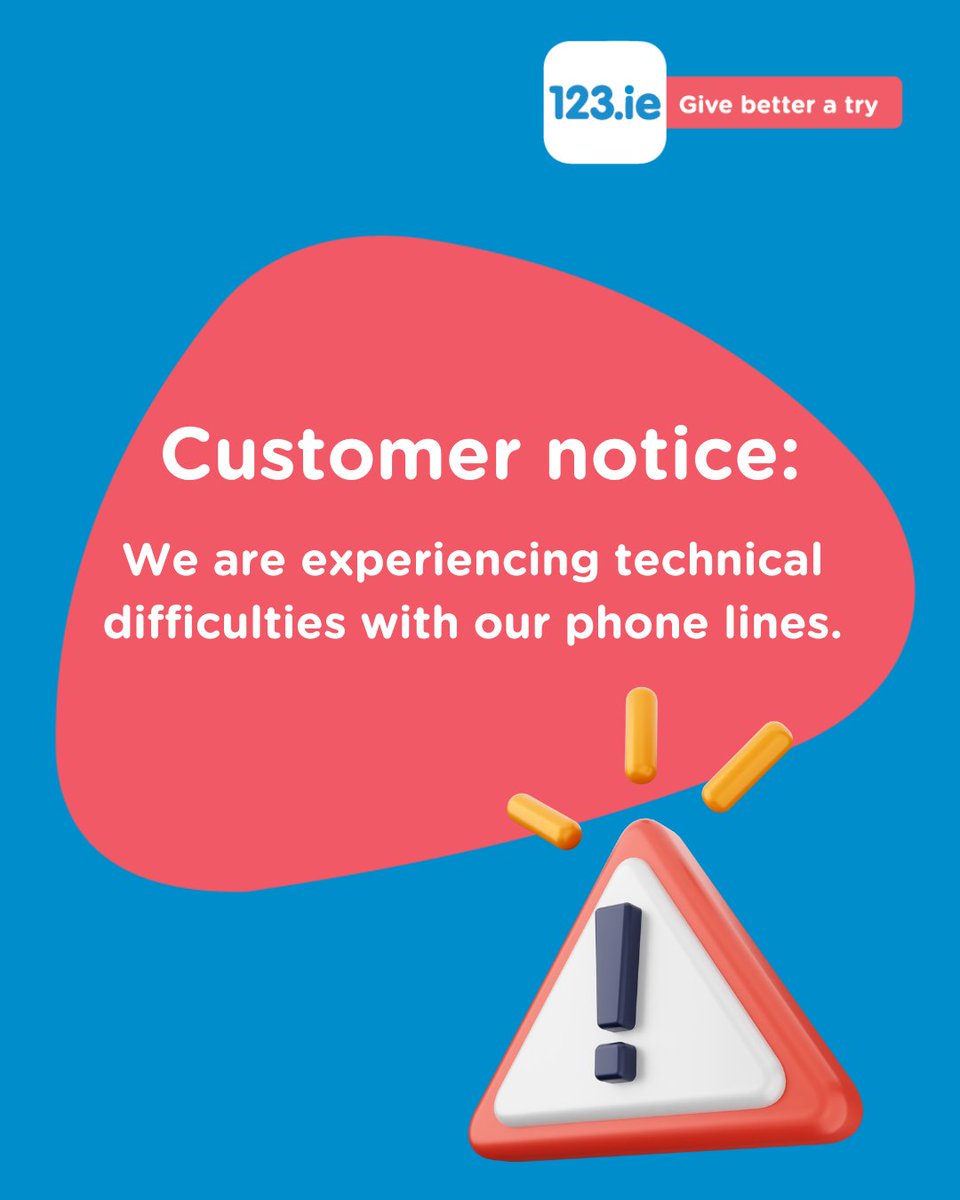 123.ie Insurance (@ask123ie) on Twitter photo Customer Notice⚠️
We are experiencing technical difficulties with our phone lines. We apologies for the inconvenience. If you require urgent assistance please request a call back or email us at info@123.ie.
123.ie/callback?Accou… Customer Notice⚠️
We are experiencing technical difficulties with our phone lines. We apologies for the inconvenience. If you require urgent assistance please request a call back or email us at info@123.ie.
123.ie/callback?Accou…