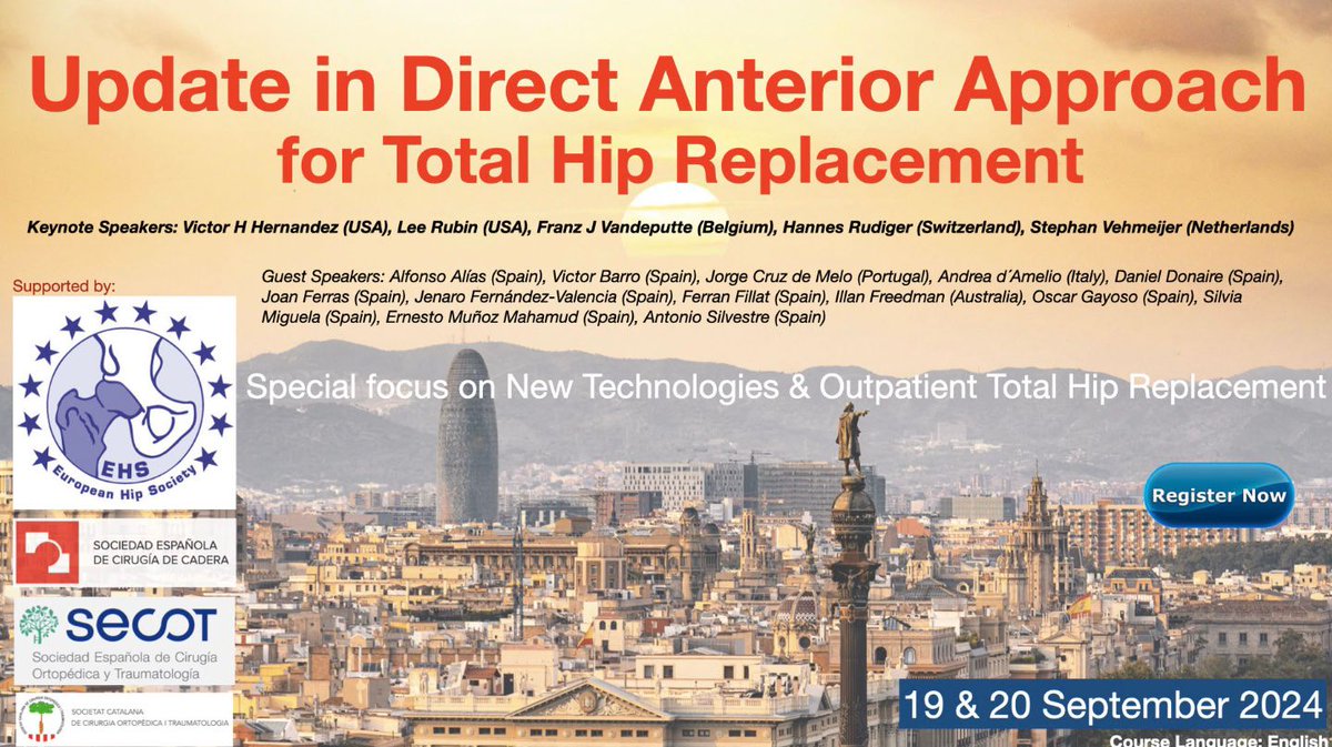 Los días 19 y 20 de septiembre de 2024 tendrá lugar el curso Update in Direct Anterior Approach for Total Hip Replacement, con aval de <a href="/secotsecot/">@secotsecot</a> <a href="/seccadera/">Sociedad Española de Cirugía de Cadera</a> <a href="/sccot_cat/">SCCOT</a> y de la EHS

Sede: Facultat de Medicina <a href="/UniBarcelona/">Universitat de Barcelona</a> <a href="/hospitalclinic/">Hospital Clínic</a> 

Link del curso: anteriorapproachupdate2024.org